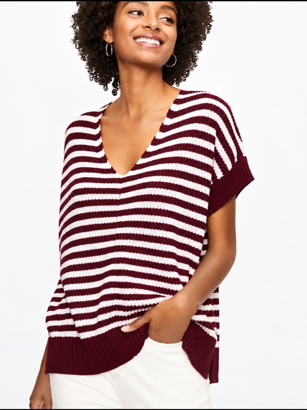 NWT $70 Ann Taylor LOFT V-Neck Striped Poncho Sweater Burgundy/White Medium